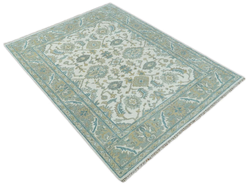 Hand Knotted Oriental Oushak Teal, Ivory and Beige Custom Made Wool Area Rug