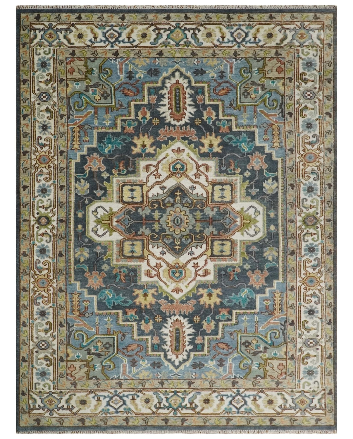 Ivory, Blue, Rust and Beige Hand knotted Traditional Heriz wool Area Rug