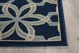 Close up of Nourison Caribbean Navy rug showing geometric floral pattern in navy, light blue, and beige.