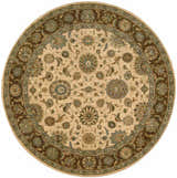Close-up of round Nourison Living Treasures Beige rug. Floral pattern in beige, brown, and blue tones.