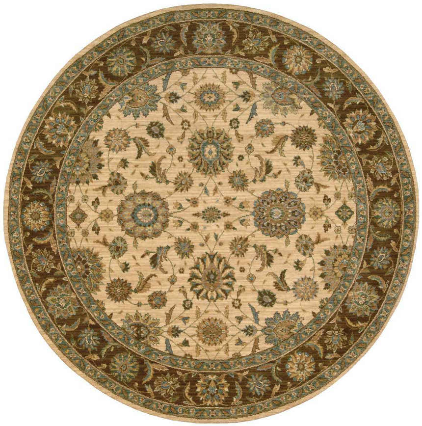 Close-up of round Nourison Living Treasures Beige rug. Floral pattern in beige, brown, and blue tones.