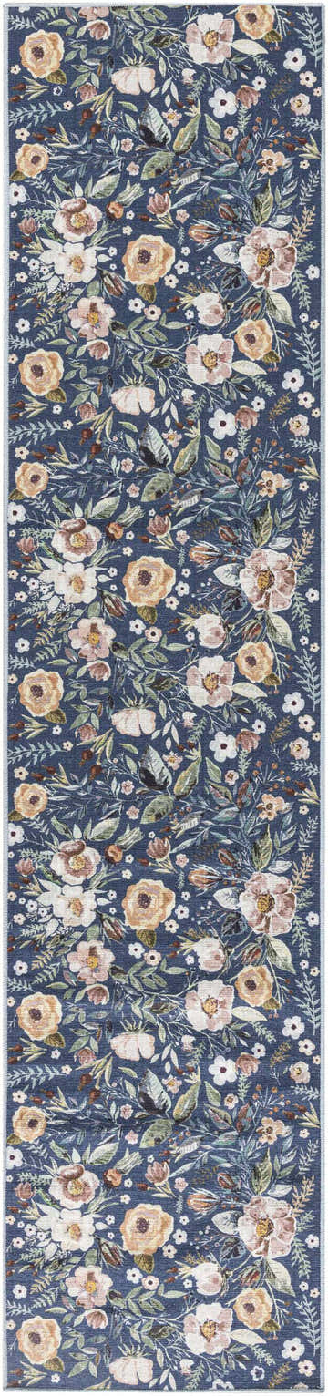 Close-up of Nourison Navy Multicolor Vintage rug. Floral pattern with cream, tan, and green hues on a navy background.