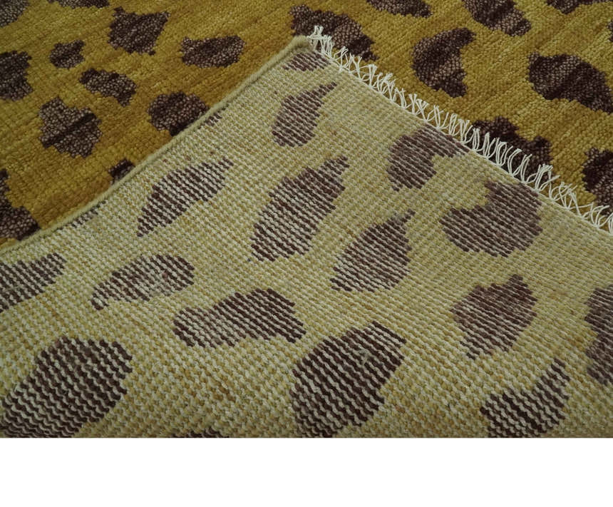 Leopard Design Mustard and Dark Plum Hand Knotted Custom Made wool area rug