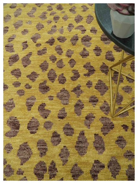 Leopard Design Mustard and Dark Plum Hand Knotted Custom Made wool area rug