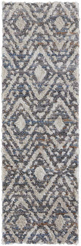 Close-up of Feizy Mynka Transitional Diamond rug. Ivory, gray, and taupe shag rug with a diamond pattern. Soft, textured design. Design-Runner