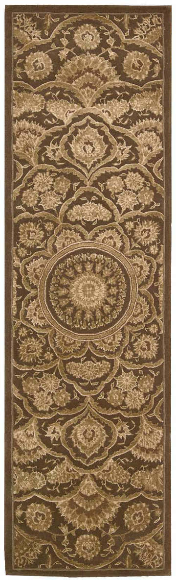 Close-up of Nourison Regal Chocolate Persian rug, featuring a detailed floral and medallion pattern in brown and beige tones.