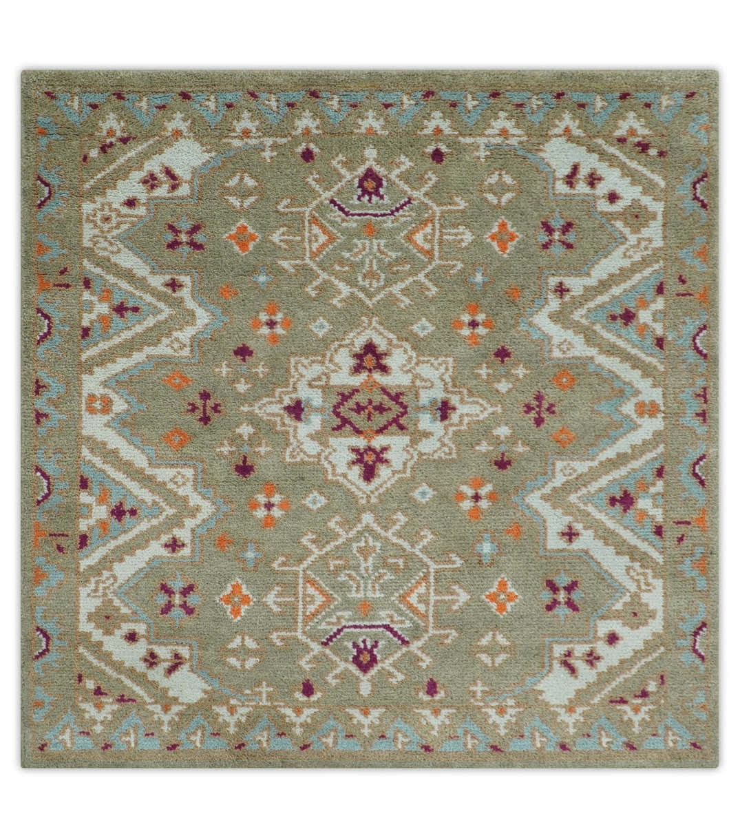 Light Green, Ivory and Maroon Traditional Hand knotted Custom Made woo ...