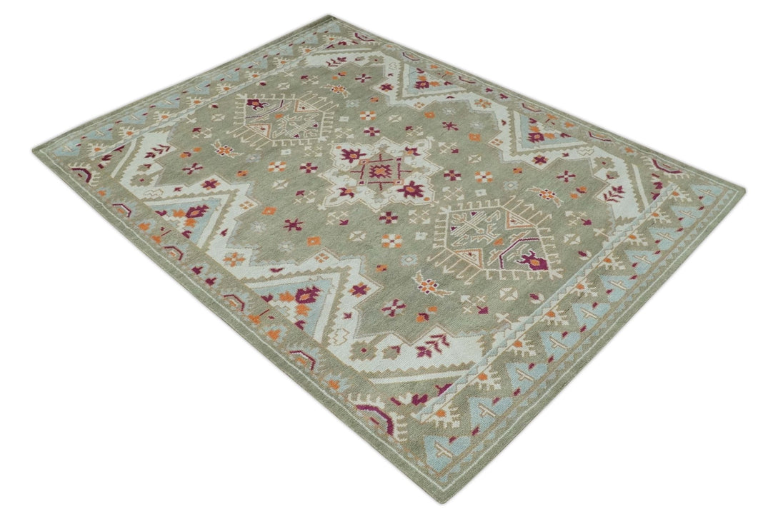 Light Green, Ivory and Maroon Traditional Hand knotted Custom Made woo ...