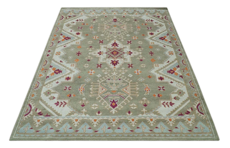 Light Green, Ivory and Maroon Traditional Hand knotted Custom Made woo ...
