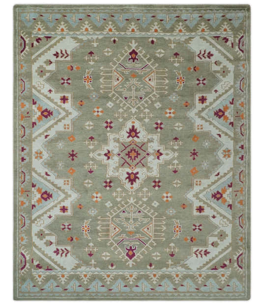Light Green, Ivory and Maroon Traditional Hand knotted Custom Made woo ...
