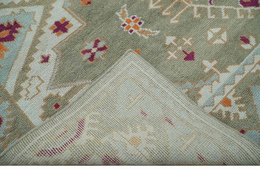 Light Green, Ivory and Maroon Traditional Hand knotted Custom Made wool Area Rug