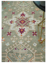 Light Green, Ivory and Maroon Traditional Hand knotted Custom Made wool Area Rug