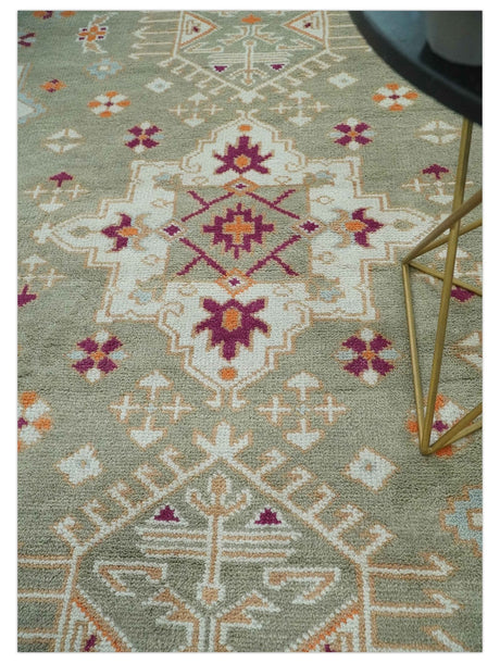 Light Green, Ivory and Maroon Traditional Hand knotted Custom Made wool Area Rug