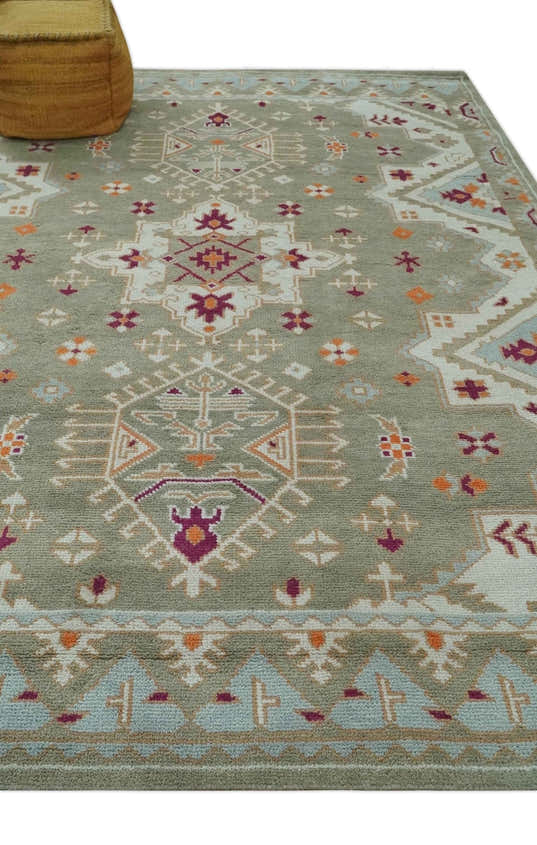 Light Green, Ivory and Maroon Traditional Hand knotted Custom Made woo ...