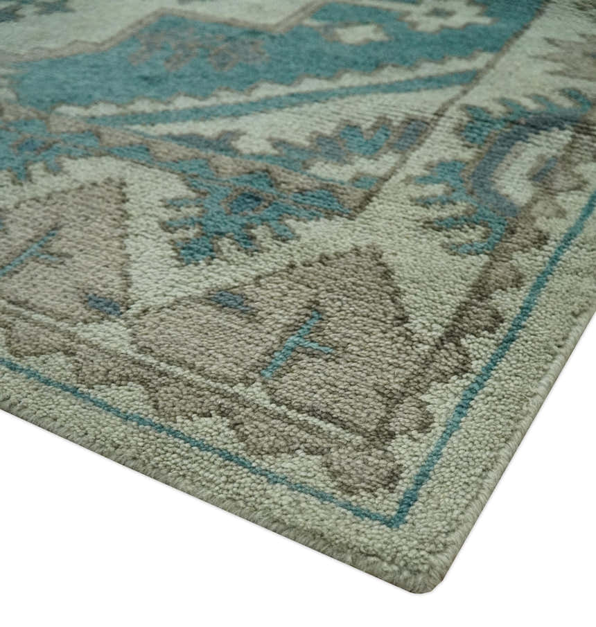 Light green, Teal and Charcoal Traditional Hand Knotted Custom Made wool Area Rug