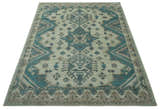 Light green, Teal and Charcoal Traditional Hand Knotted Custom Made wool Area Rug