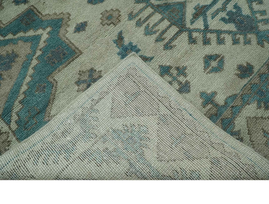 Light green, Teal and Charcoal Traditional Hand Knotted Custom Made wool Area Rug