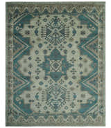 Light green, Teal and Charcoal Traditional Hand Knotted Custom Made wool Area Rug