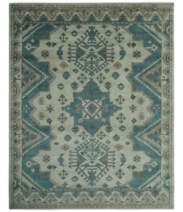 Light green, Teal and Charcoal Traditional Hand Knotted Custom Made wool Area Rug