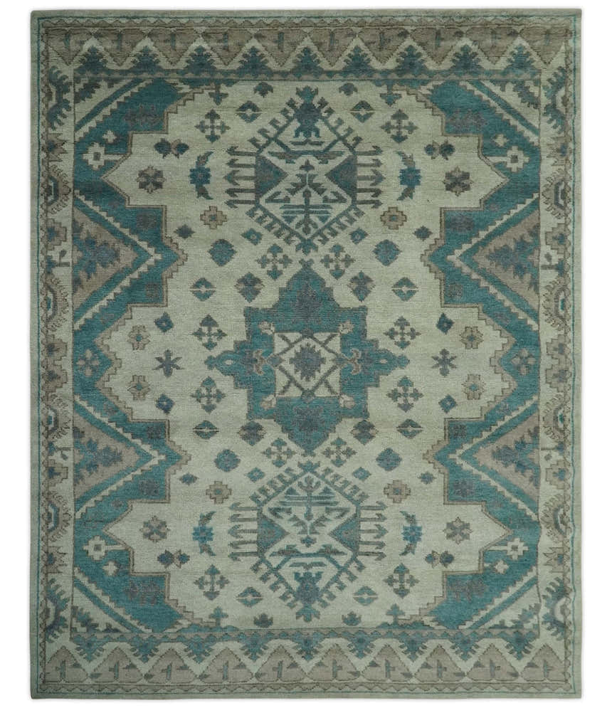 Light green, Teal and Charcoal Traditional Hand Knotted Custom Made wool Area Rug