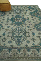 Light green, Teal and Charcoal Traditional Hand Knotted Custom Made wool Area Rug