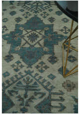 Light green, Teal and Charcoal Traditional Hand Knotted Custom Made wool Area Rug