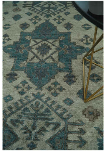 Light green, Teal and Charcoal Traditional Hand Knotted Custom Made wool Area Rug