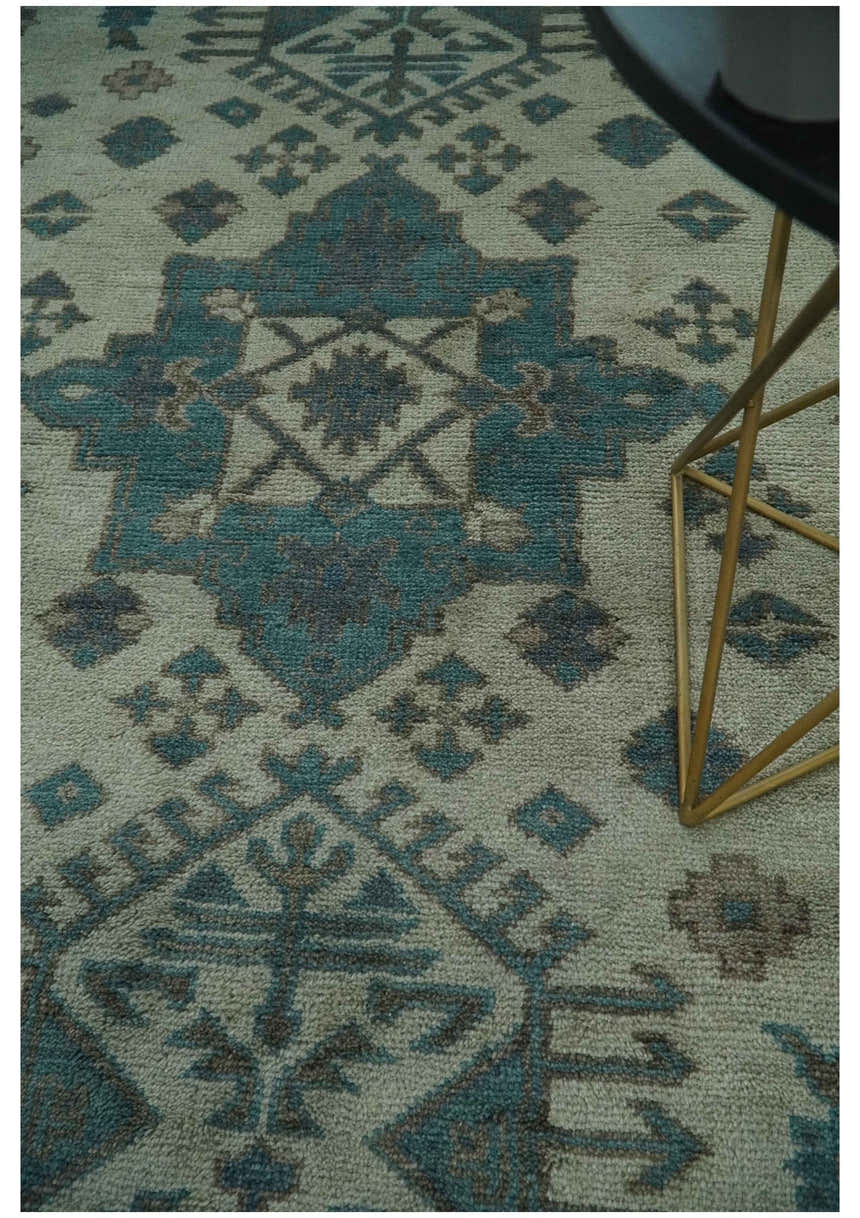 Light green, Teal and Charcoal Traditional Hand Knotted Custom Made wool Area Rug