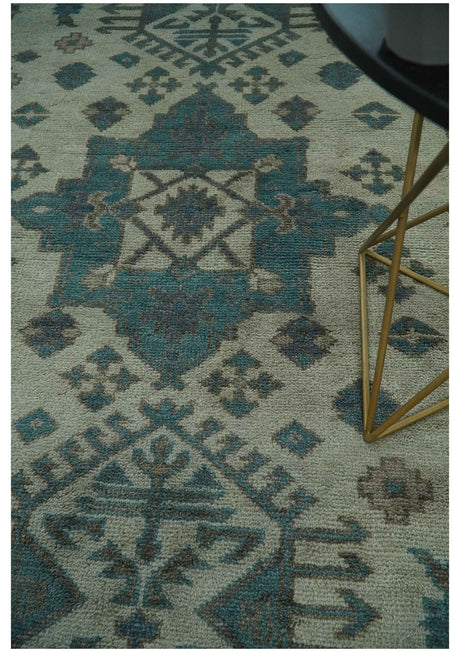 Light green, Teal and Charcoal Traditional Hand Knotted Custom Made wool Area Rug