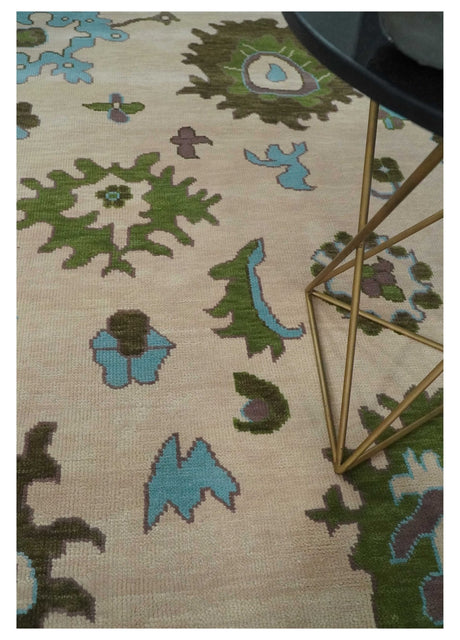Light Peach, Green and Aqua Hand knotted Traditional Oushak Multi size wool Area Rug