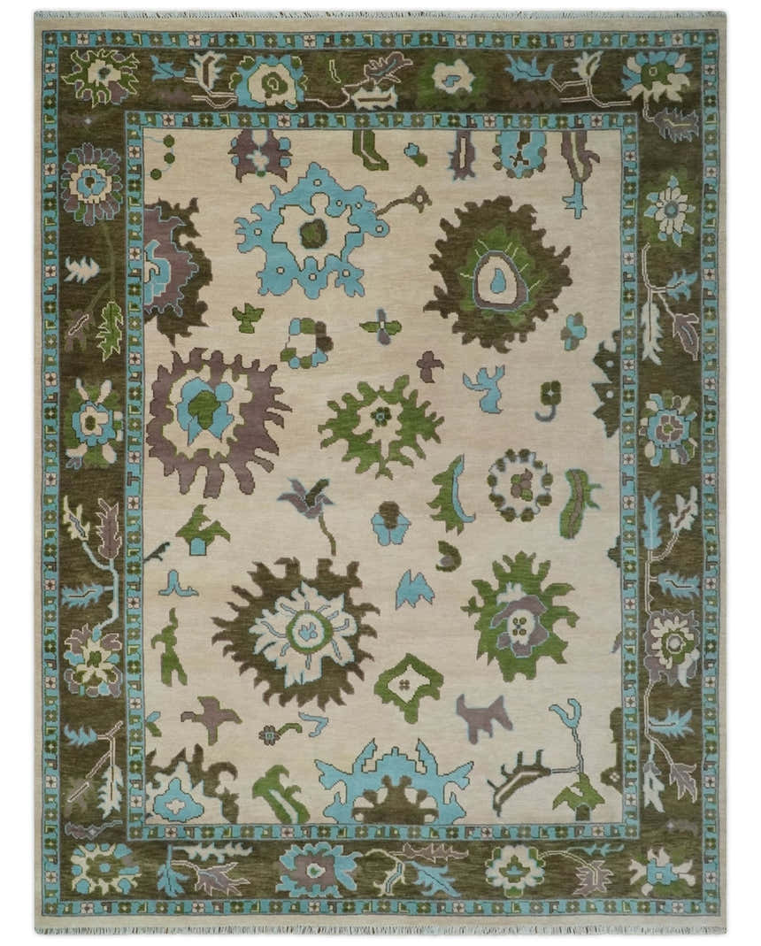 Light Peach, Green and Aqua Hand knotted Traditional Oushak Multi size wool Area Rug