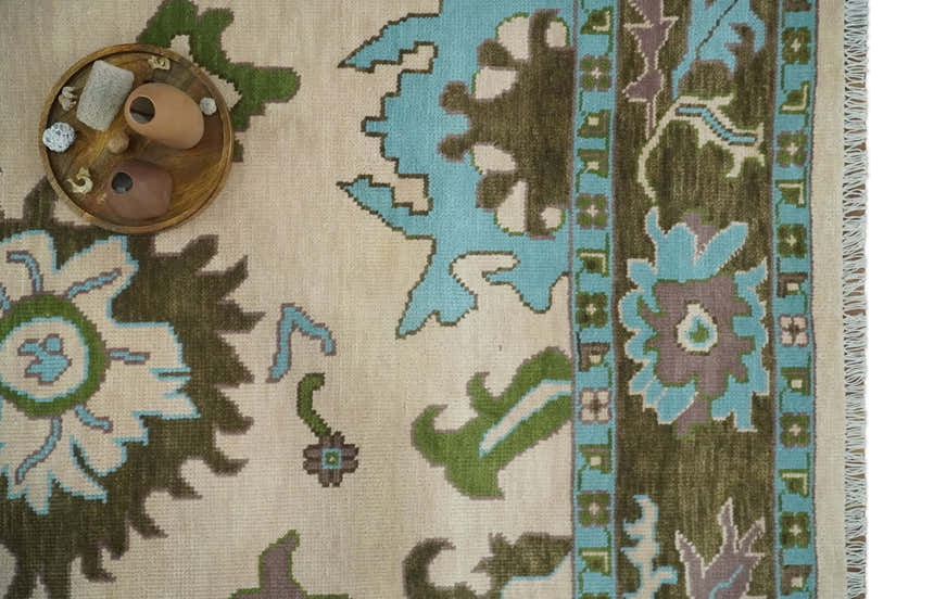 Light Peach, Green and Aqua Hand knotted Traditional Oushak Multi size wool Area Rug