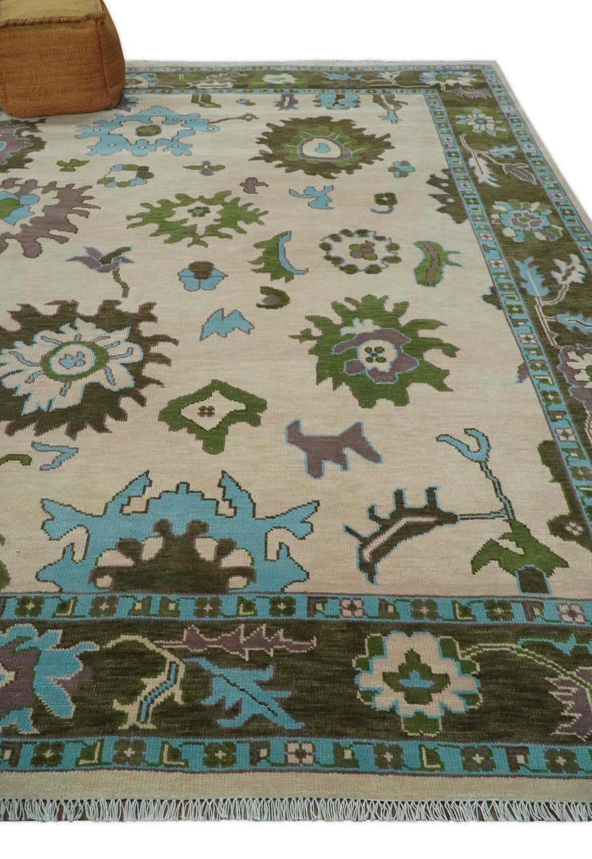 Light Peach, Green and Aqua Hand knotted Traditional Oushak Multi size wool Area Rug