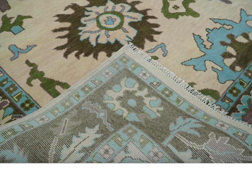 Light Peach, Green and Aqua Hand knotted Traditional Oushak Multi size wool Area Rug