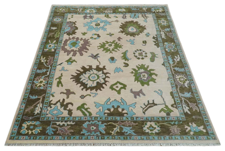 Light Peach, Green and Aqua Hand knotted Traditional Oushak Multi size wool Area Rug