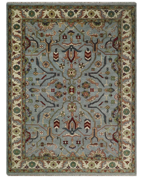 Custom Made Living Room Rug Hand Knotted Silver, Olive and Ivory Traditional Oriental Oushak Wool Rug
