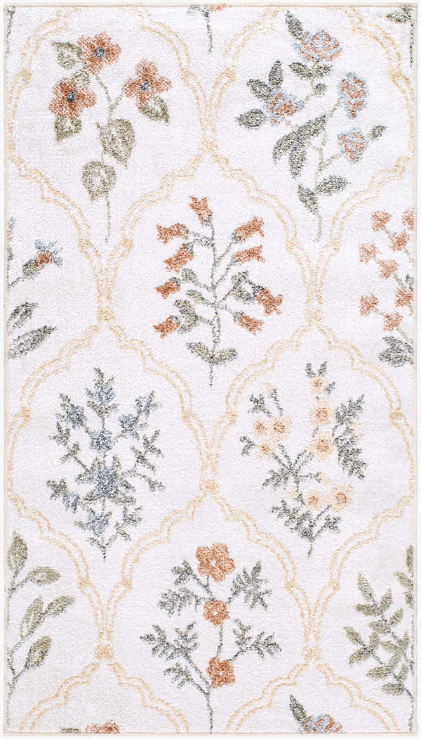 Close-up of the Baylor Washable Area Rug featuring a floral pattern in ivory, light brown, rust, and olive. Design-Rectangle