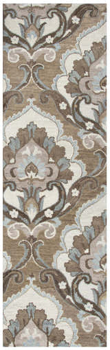 Close-up of Rizzy LO9987 area rug. Hand-tufted wool rug in dark brown, ivory, gray, and light brown with a floral damask pattern. Design-Runner
