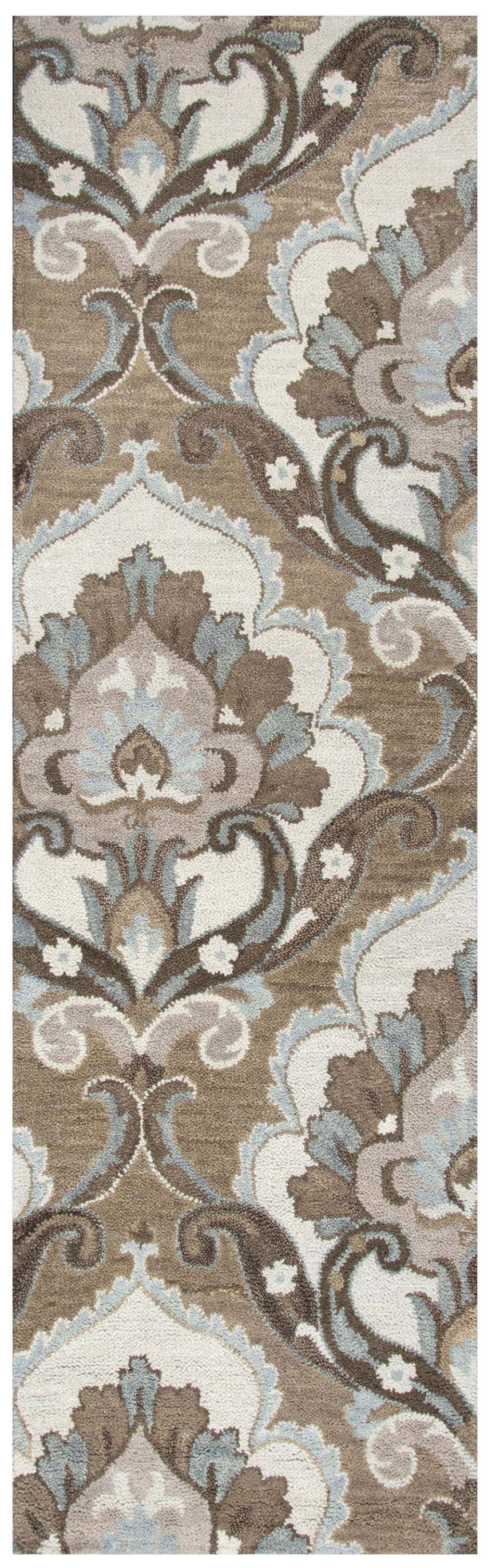 Close-up of Rizzy LO9987 area rug. Hand-tufted wool rug in dark brown, ivory, gray, and light brown with a floral damask pattern. Design-Runner