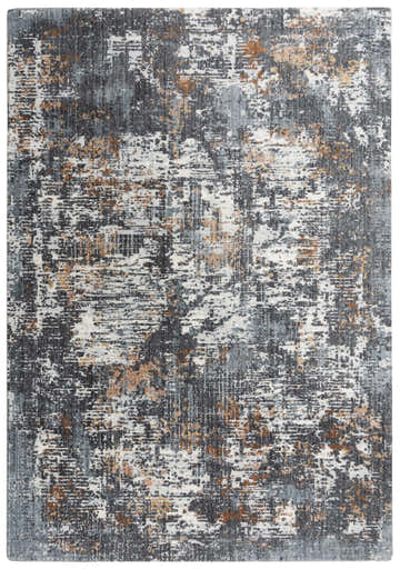 Abstract Rizzy LOG735 area rug featuring a distressed pattern in blue, dark red, gray, ivory, and rust hues. Design-Rectangle