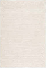 Close-up of a hand-tufted Kazuto Area Rug. The rug is cream and ivory wool with a subtle geometric pattern. Design-Rectangle