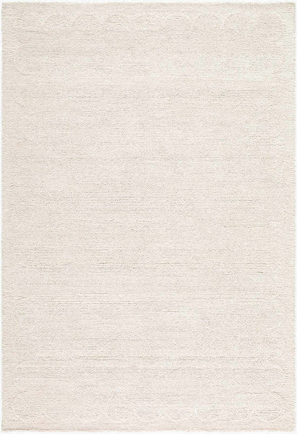Close-up of a hand-tufted Kazuto Area Rug. The rug is cream and ivory wool with a subtle geometric pattern. Design-Rectangle
