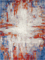 Close-up of Nourison Twilight Ivory Multicolor rug. Abstract chestnut, blue, and ivory pattern. Mid-century modern style.