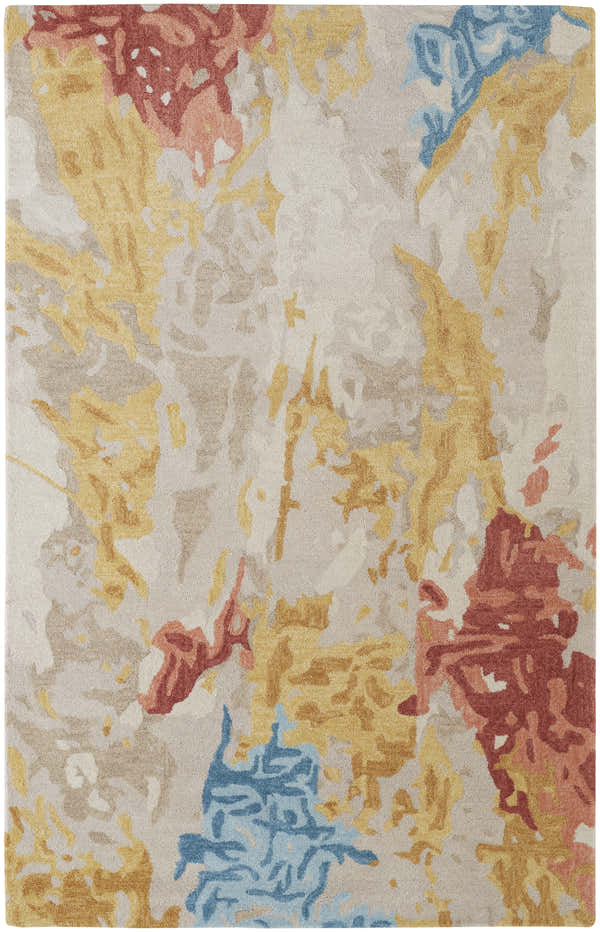 Close-up of the Feizy Everley Modern Abstract rug; ivory background with yellow, blue, and coral abstract shapes. Design-Rectangle
