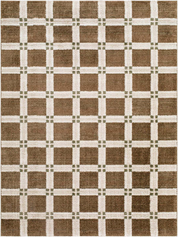 Close-up of the Kalkin Brown Area Rug. Features a brown, off-white, and olive green plaid pattern. Contemporary style. Design-Rectangle