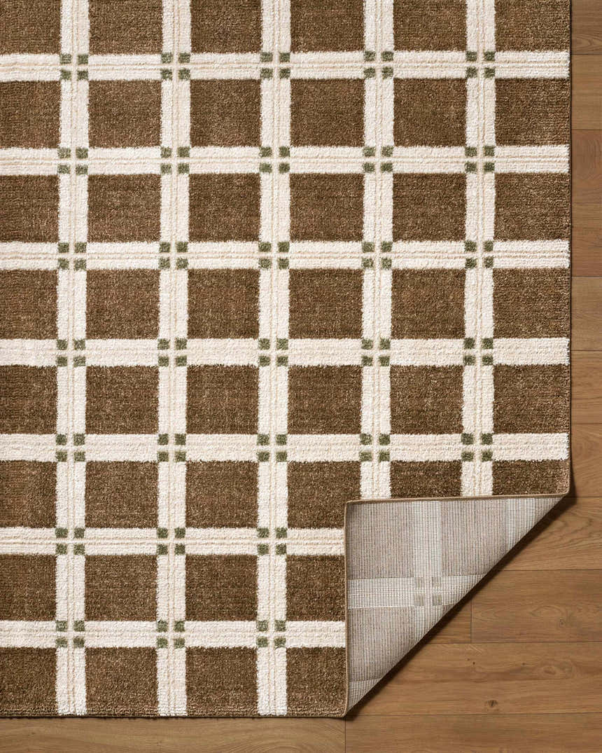 Close-up of Kalkin Brown Area Rug with brown squares, off-white lines, and olive accents on wood floor. Corner