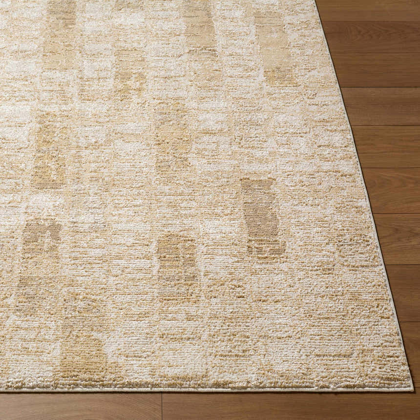 Close-up of the light gray and tan Kapueo Area Rug showing the subtle geometric pattern and soft texture. Front