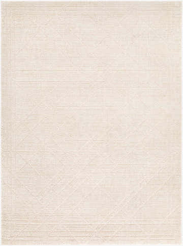 Close-up of the Donnie Area Rug. Off-white rug with subtle geometric pattern and soft, textured weave. Contemporary style. Design-Rectangle-575