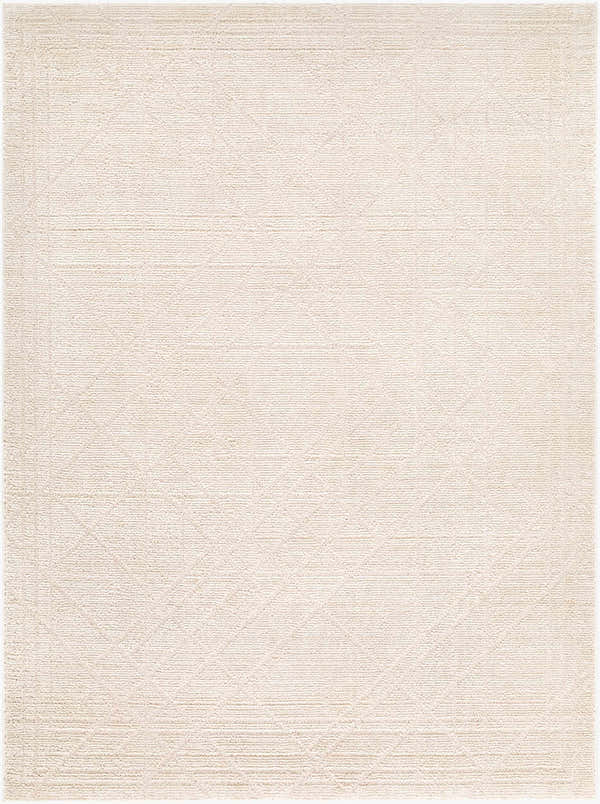 Close-up of the Donnie Area Rug. Off-white rug with subtle geometric pattern and soft, textured weave. Contemporary style. Design-Rectangle-575