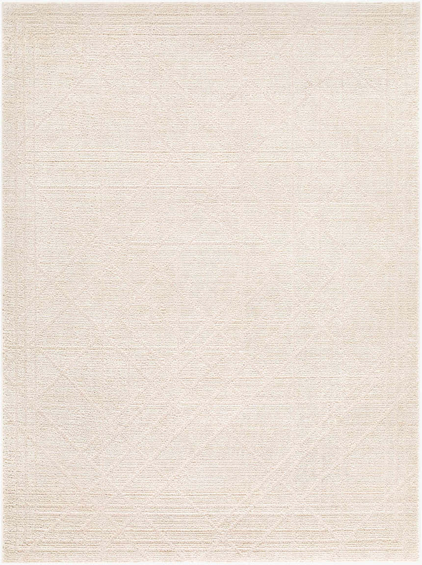 Close-up of the Donnie Area Rug. Off-white rug with subtle geometric pattern and soft, textured weave. Contemporary style. Design-Rectangle-575